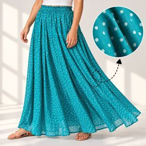 Afibi Chiffon Maxi Skirt Womens XL Teal White Polka Dot Flowy NWT Elastic Waist